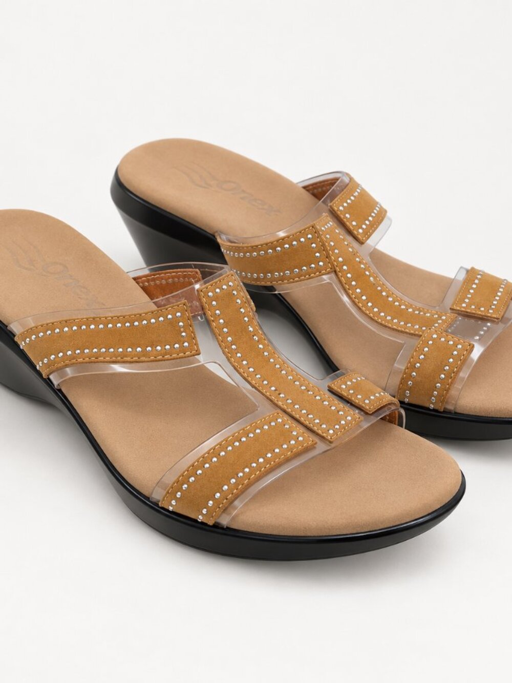 Onex Tan Clear Vinyl Rhinestone Wedge Slide Sandals SZ 9